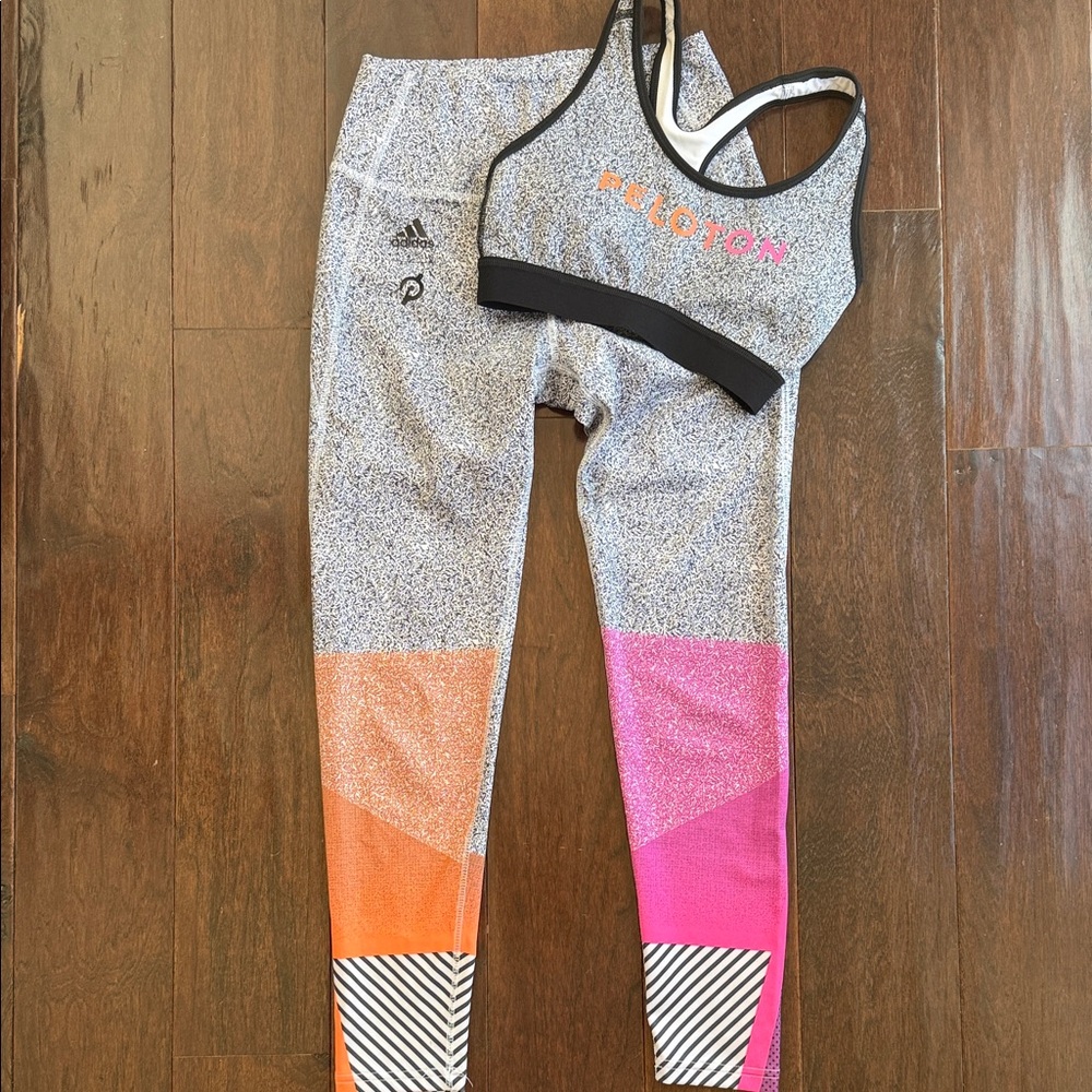 Adidas Women’s Peloton Top & Leggings with Pink and Orange Workout set
